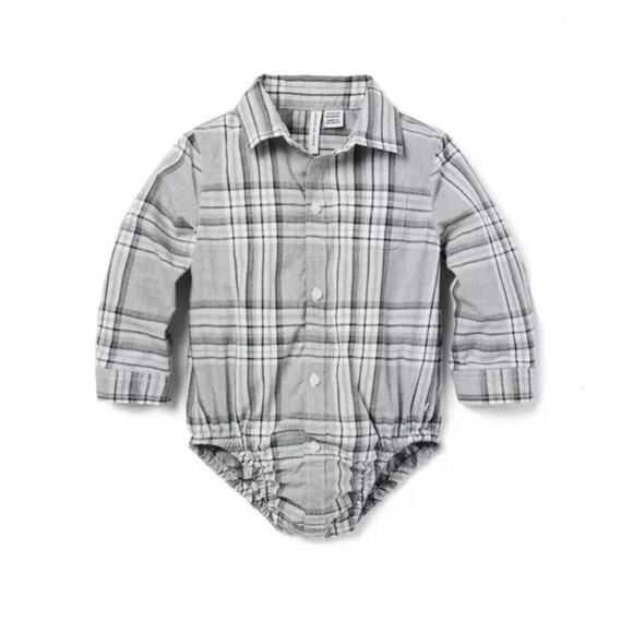 Janie & Jack Baby Tartan Poplin Bodysuit Gray Plaid Button Down Shirt 12-18 Mo - Picture 1 of 6